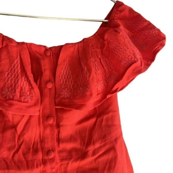 Design Lab Embroidery Dress XS Eyelet Red Off Shoulder Button Front Fit‎ Flare - Picture 4 of 6